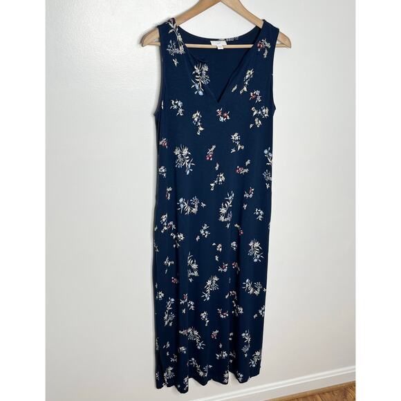 J. Jill Womens Sleeveless Jersey Maxi Dress Small Navy Floral Pockets Comfort - Picture 4 of 10